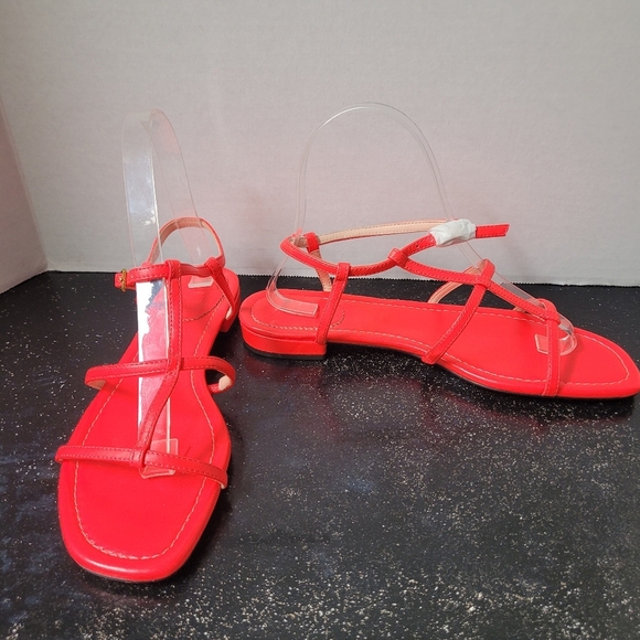 J Crew Abbie sandals Leather T-strap sandals in neon poppy NWOT - Picture 1 of 8